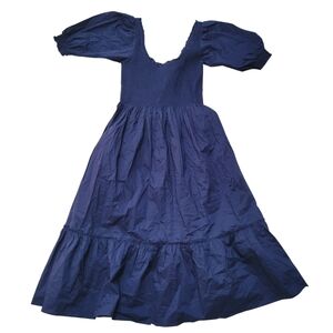 Hill House The Louisa Nap Dress Blue Smocked Puff Sleeves Ruffled Hem Cotton